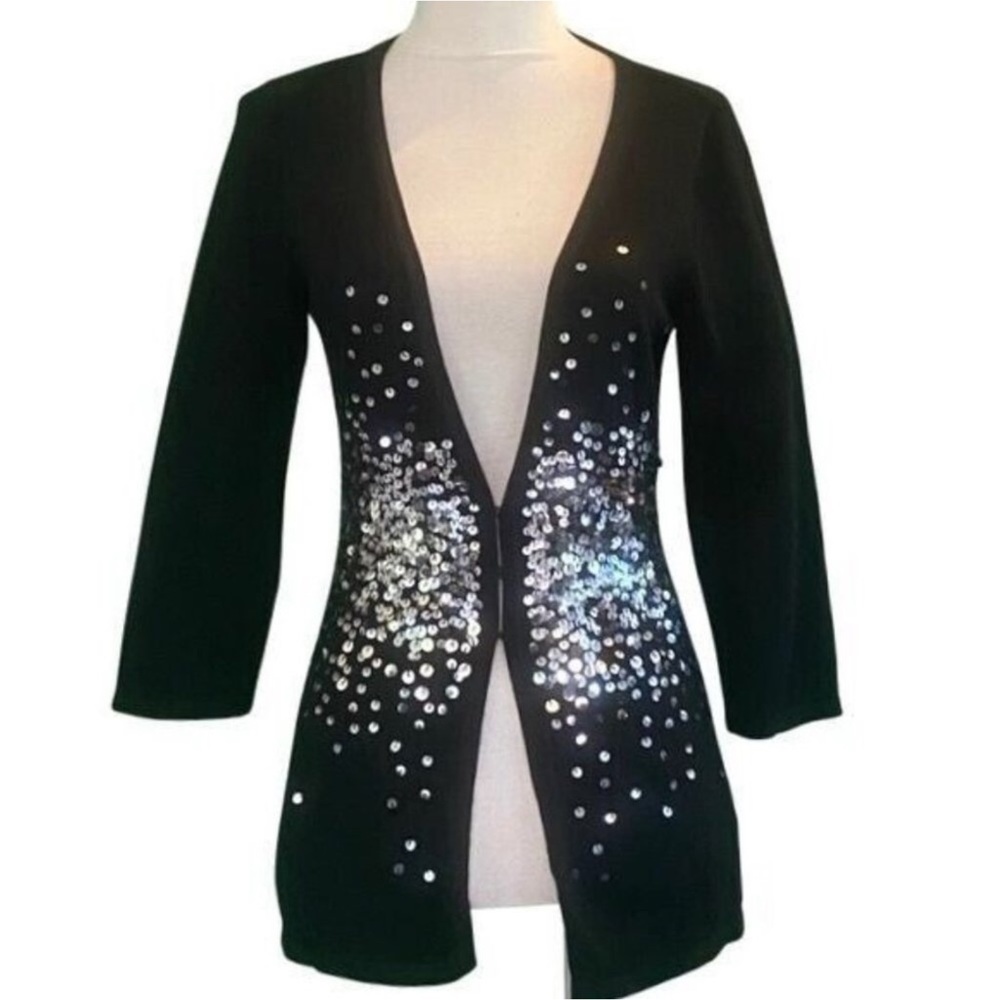 White House Black Market 3/4 Sleeve Black Sequin Embellished Cardigan Size Small